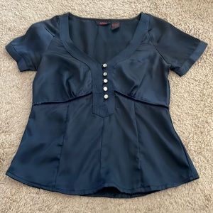 Vintage Small Delicia Blue Crystal Embellished Short Sleeve V Neck Blouse Top